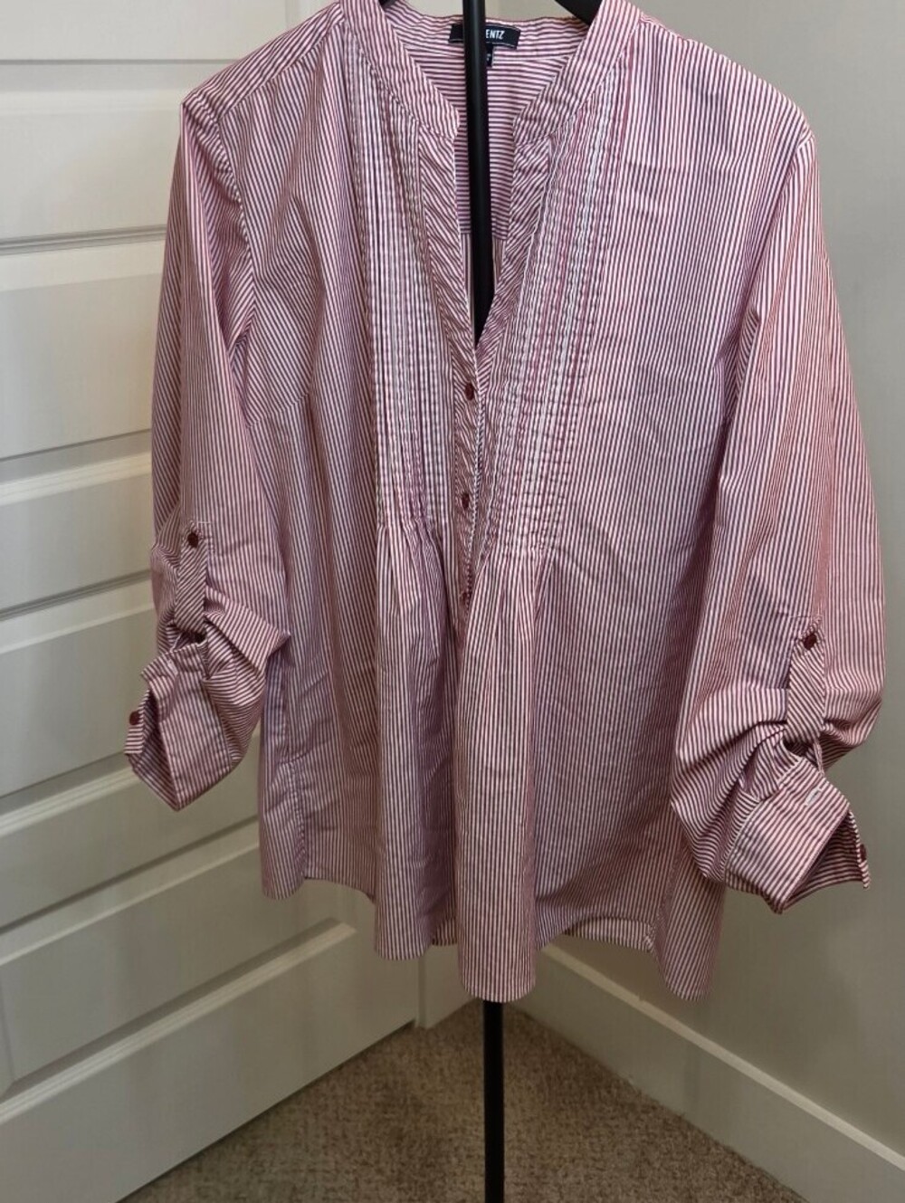 Elementz XL Red and White Striped Half Button-Up  Blouse w Tab Roll Sleeves